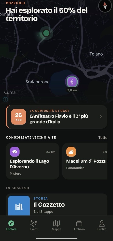 Schermata dell’app Iter: Cosa c’è vicino a te, e quanto dista.